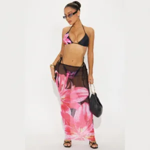 black and pink print 3-piece bikini