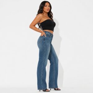 high rise straight leg blue jeans side views