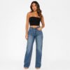 high rise straight leg blue jeans design