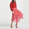 red asymmetrical ruffle tulle skirt