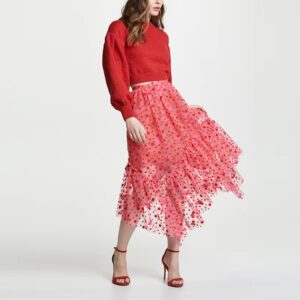 red asymmetrical ruffle tulle skirt