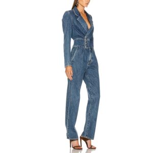 washed cotton denim blazer straight jumpsuit