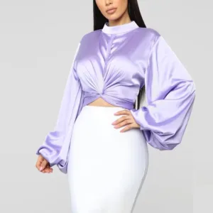 light-purple mock neck satin blouse