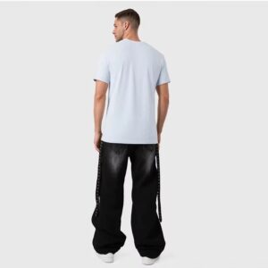 Loose flared denim trousers back show